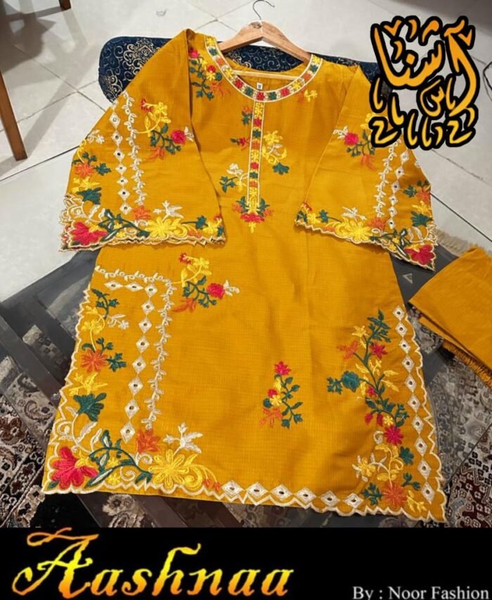 Neck,Sleeves Border Embroidered With Kaya Work Shirt With Trouser 2Pcs